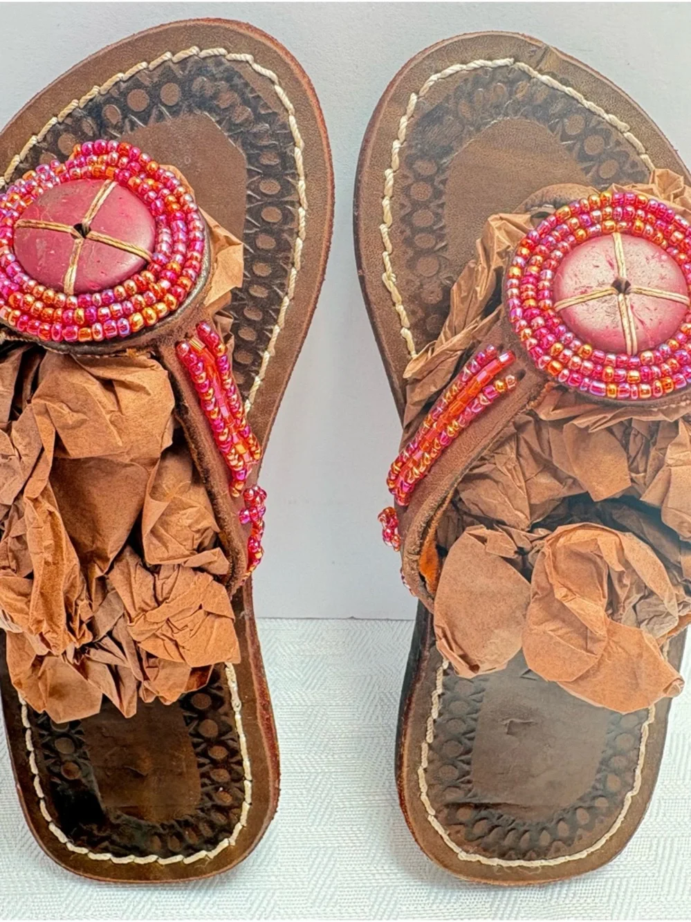 Adorable Bohemian Little Girls Brown Leather Beaded Toe-Post Sandals Boho Hippie